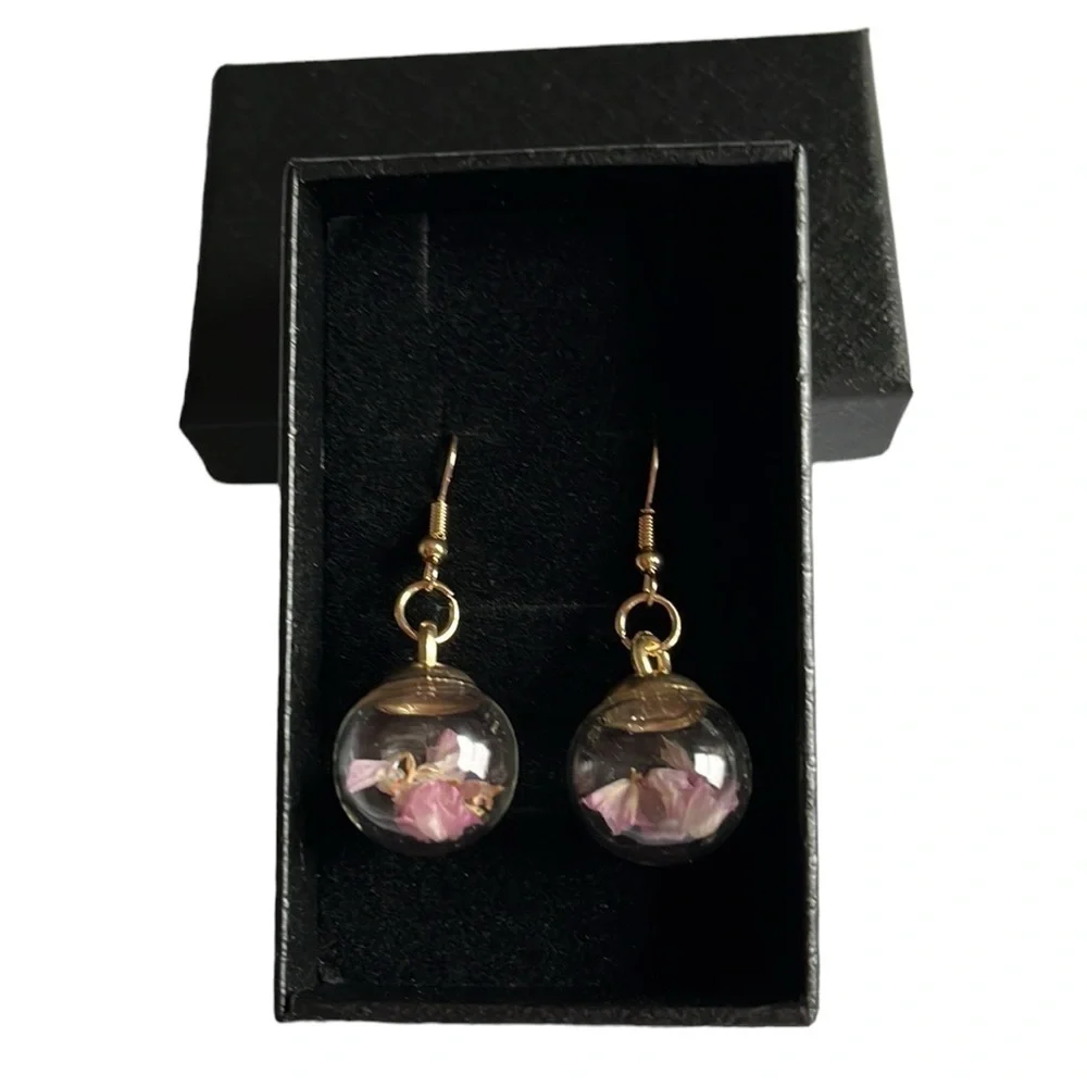 Resin Globe Pink Pressed Floral Earrings
